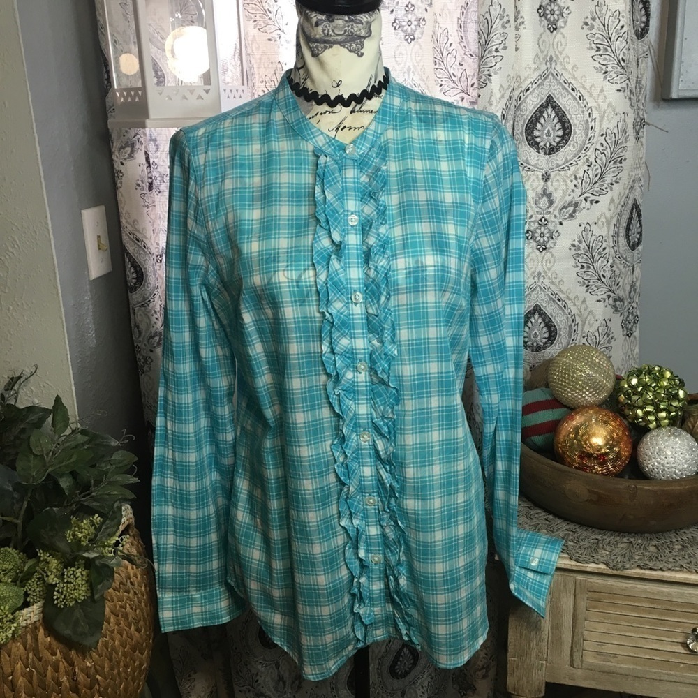 Old Navy ruffle button down front plaid shirt